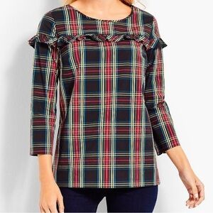 Talbots Poplin Multicolored 3/4 Sleeve Ruffle Detail Plaid Blouse Size Medium